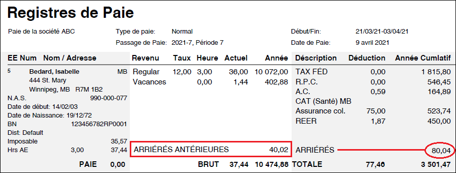 Registre de paiement avec montant avant arriérés.